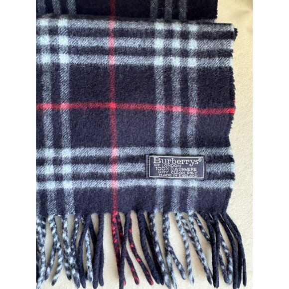 Burberry Vintage Navy Blue Plaid Cashmere Long Scarf with Fringe - Picture 3 of 4